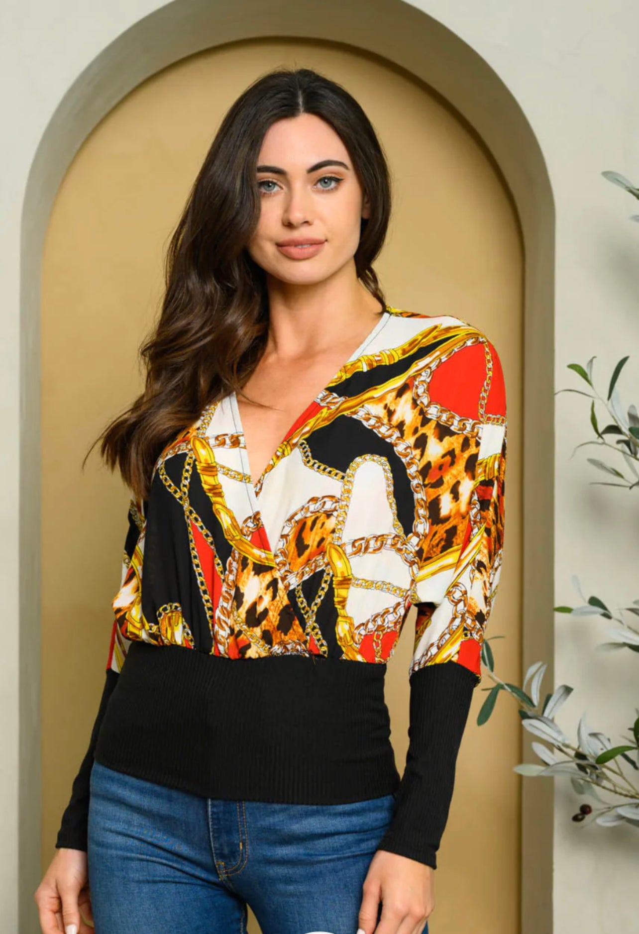Women's Long Sleeve Multi Print Surplice Top