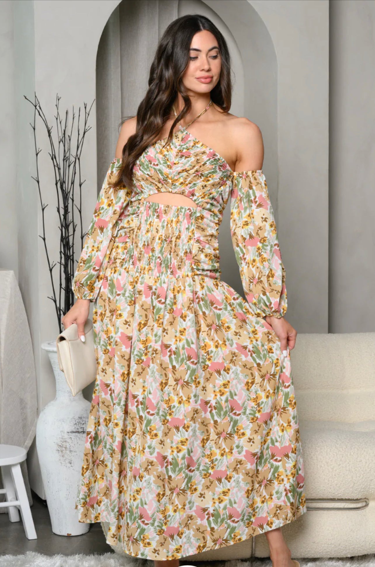 Women's Cold Shoulder Halter Neck Floral- Maxi Dress
