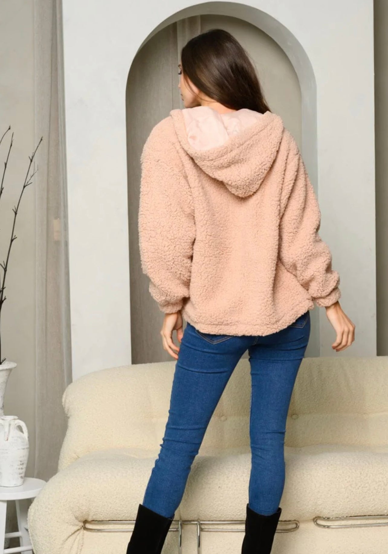 WOMEN'S TEDDY FRONT POCKETS ZIP UP HOODIE JACKET