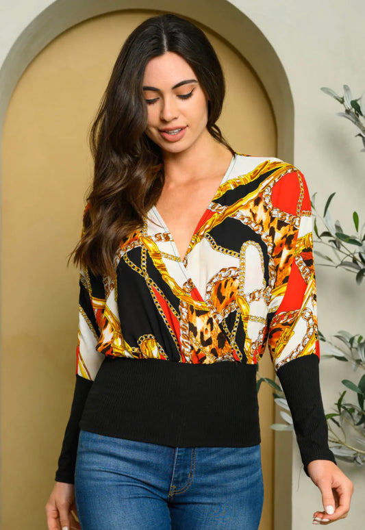Women's Long Sleeve Multi Print Surplice Top