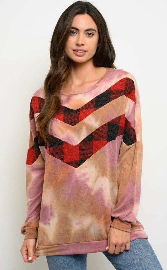 WOMEN'S PLAID TIE DYE PRINT LONG SLEEVE TOP