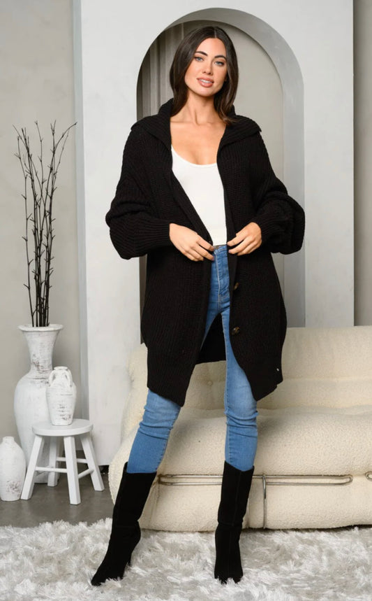 WOMEN'S LONG SLEEVE COLLAR BUTTON CLOSURE OVERSIZE CARDIGAN